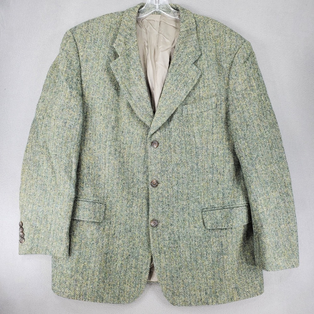 Hugo Boss Blazer Men 44 Green Herringbone Pure Shetland Wool 3-Button Sport Coat